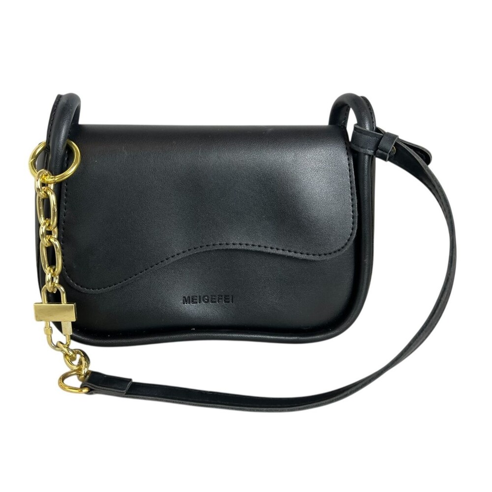 Meigefei Small Black Flap Front Shoulder Bag Handbag w Chain Detail